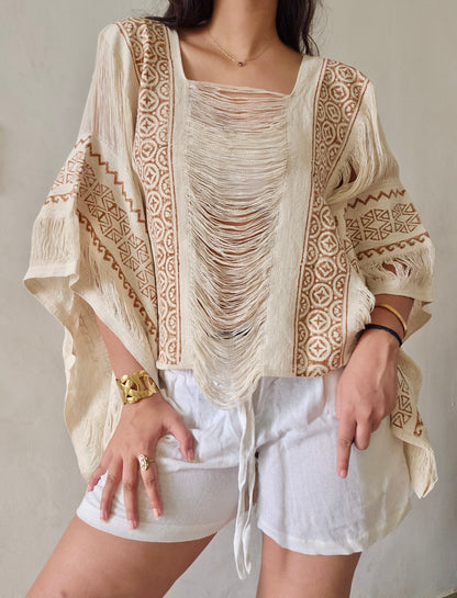 Natural beige poncho and shorts two-piece set