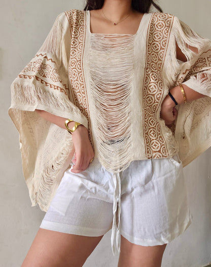 Natural beige poncho and shorts two-piece set