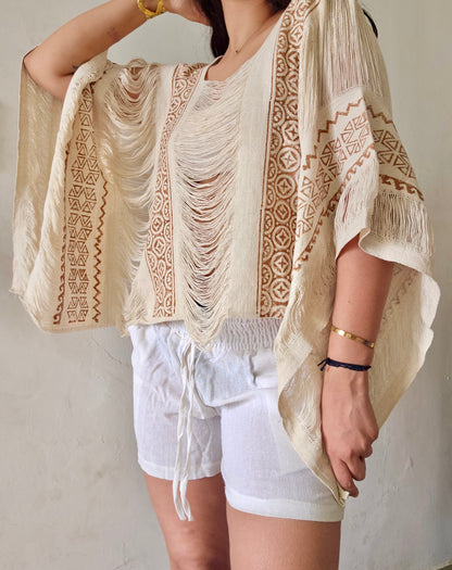 Natural beige poncho and shorts two-piece set