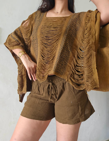 Natural mocha mousse poncho and shorts co-ord set