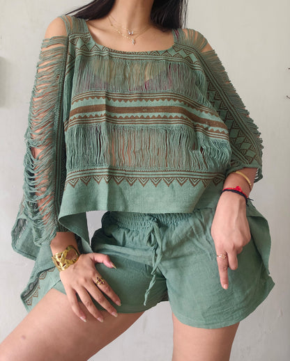 Muted zade poncho and shorts co-ord set