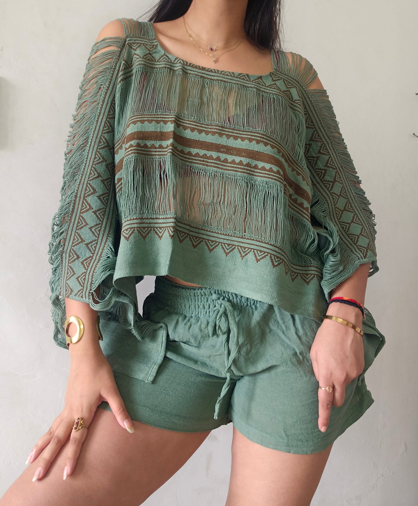 Muted zade poncho and shorts co-ord set