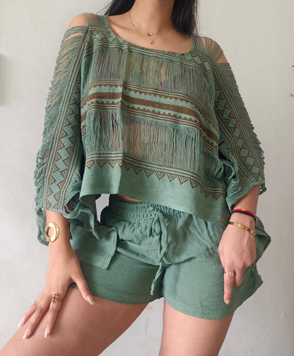 Muted zade poncho and shorts co-ord set