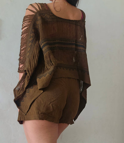 Deep walnut brown poncho and shorts co-ord set