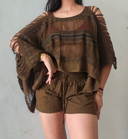 Deep walnut brown poncho and shorts co-ord set