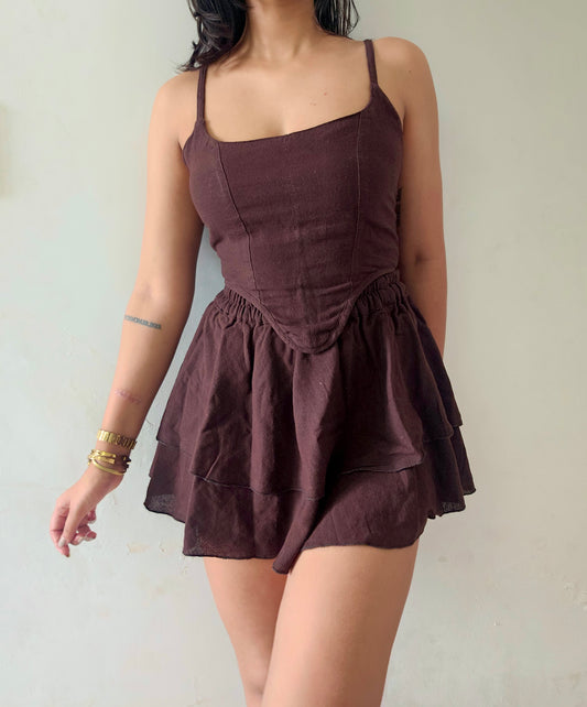 Organic Cotton Corset Co-ord Set – Sustainable Two Piece with Skirt | brown colour