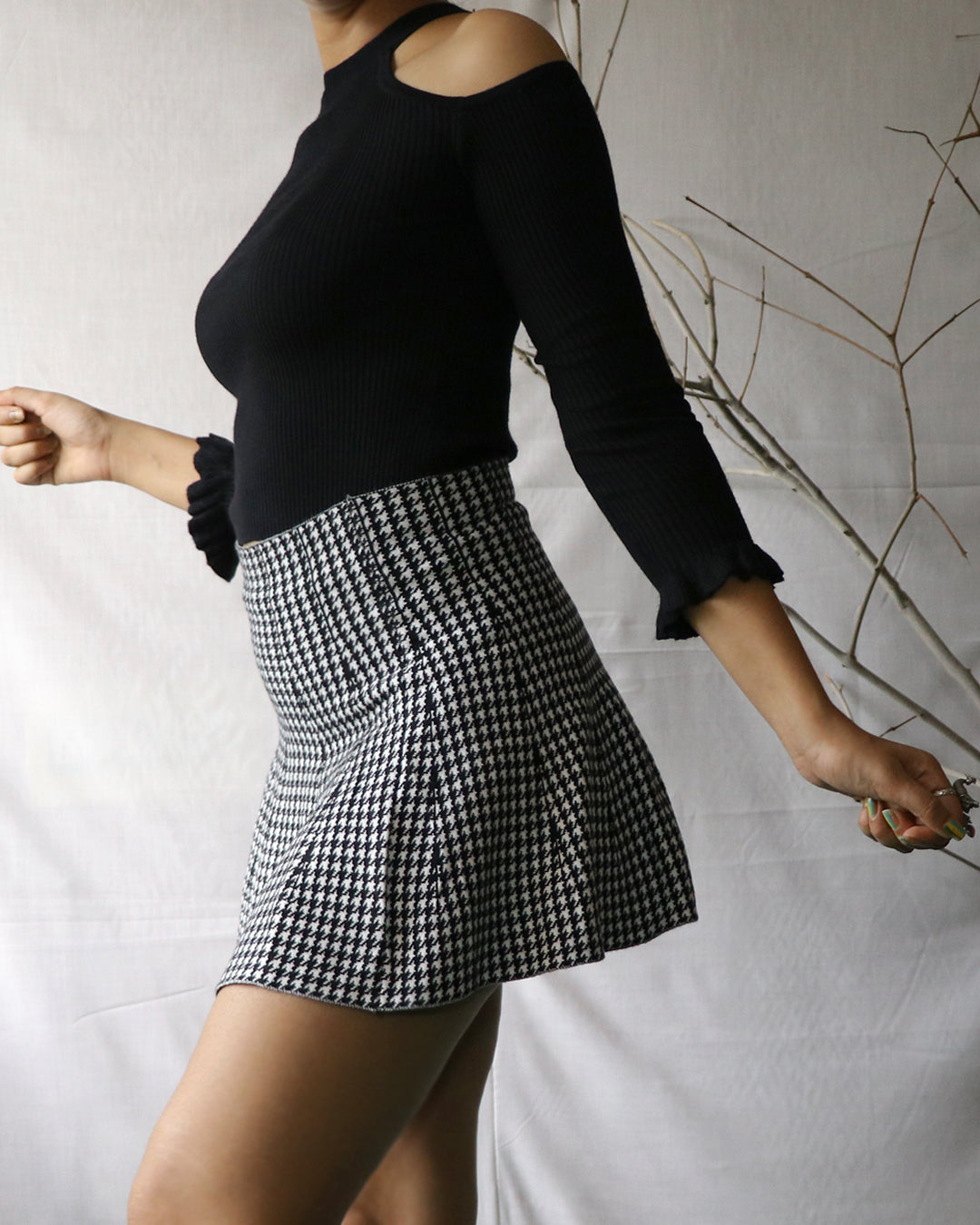 Houndstooth knitted flared skirt