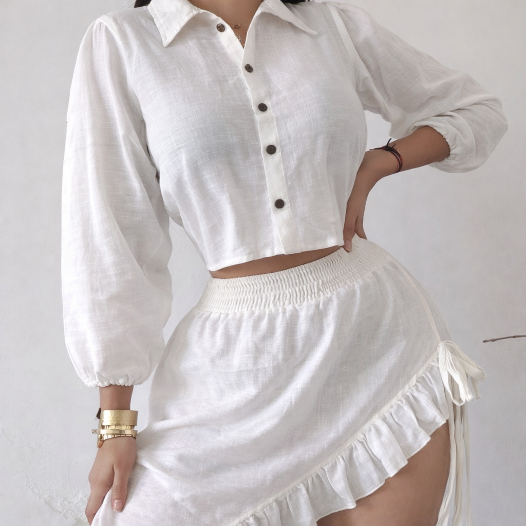 White Linen Crop Shirt & Asymmetrical Skirt Co-Ord Set