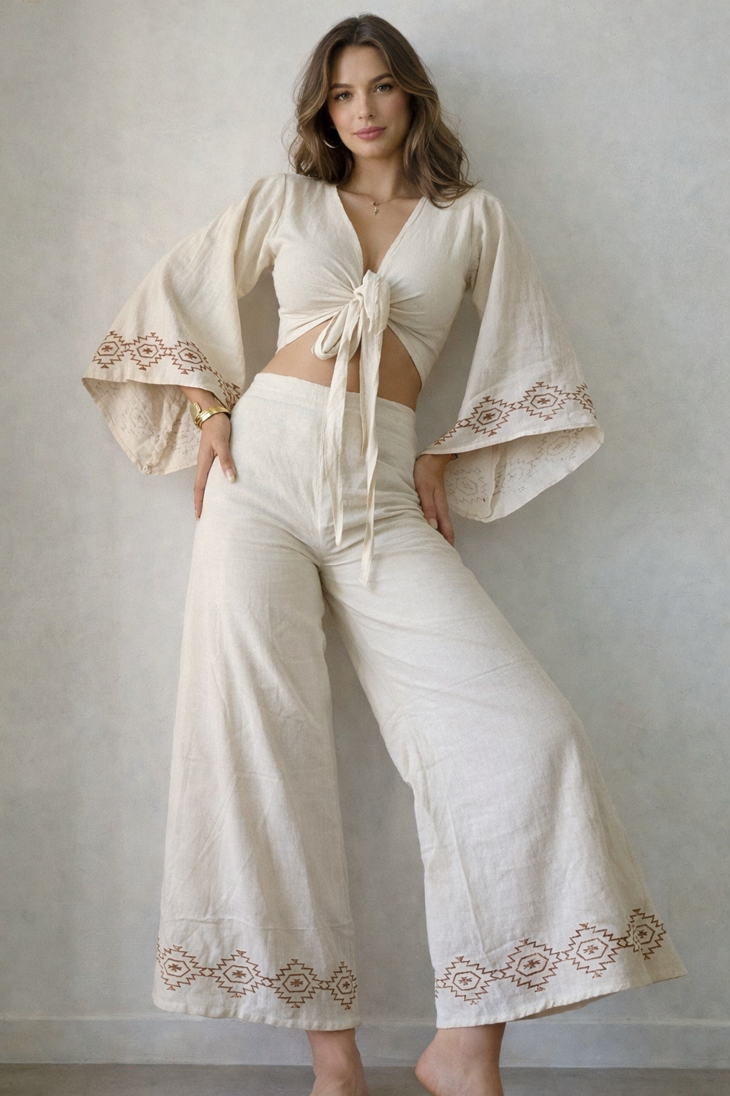 Beige Organic cotton block printed co-ord set