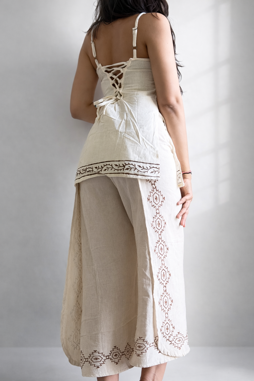 Organic Cotton Beige Corset Back Kurti- Sleeveless