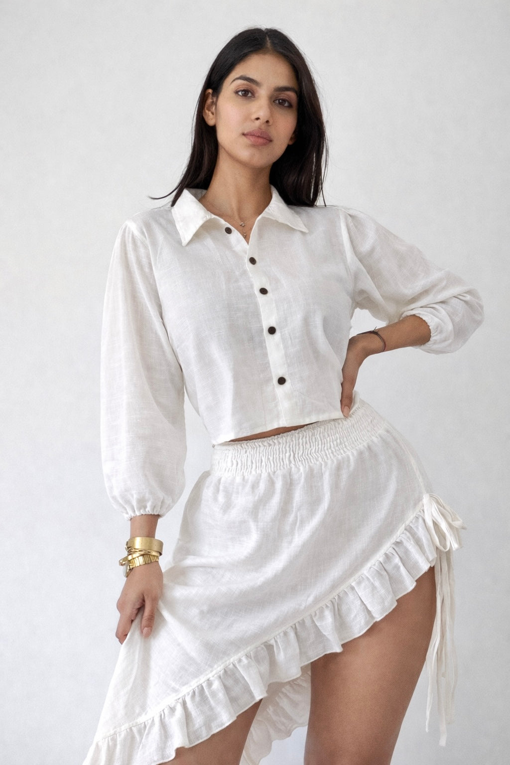 White Linen Crop Shirt & Asymmetrical Skirt Co-Ord Set