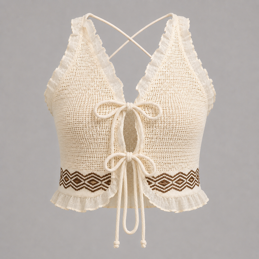 White Summer Cotton Ruffle Tie Top