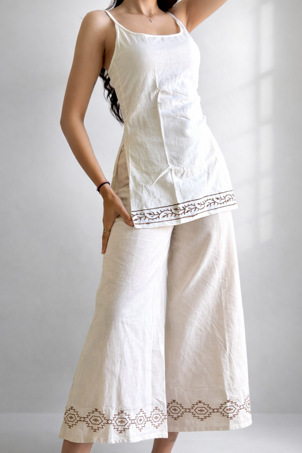 Organic Cotton Beige Corset Back Kurti- Sleeveless