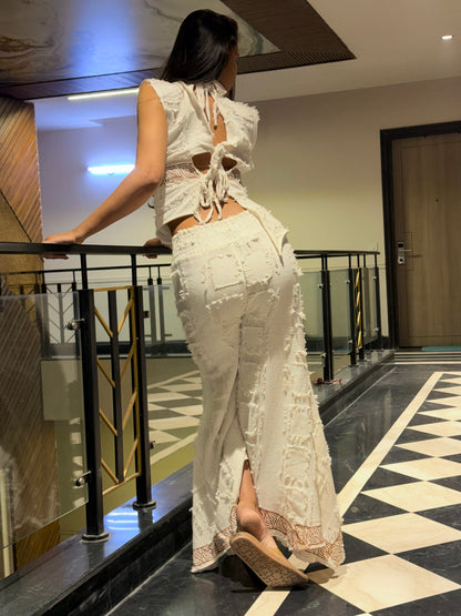 Ivory Cotton Slub Asymmetrical Tie-Back Co-ord Set with Wide-Leg Pants