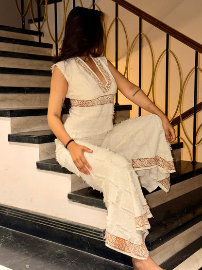 Ivory Cotton Slub Asymmetrical Tie-Back Co-ord Set with Wide-Leg Pants
