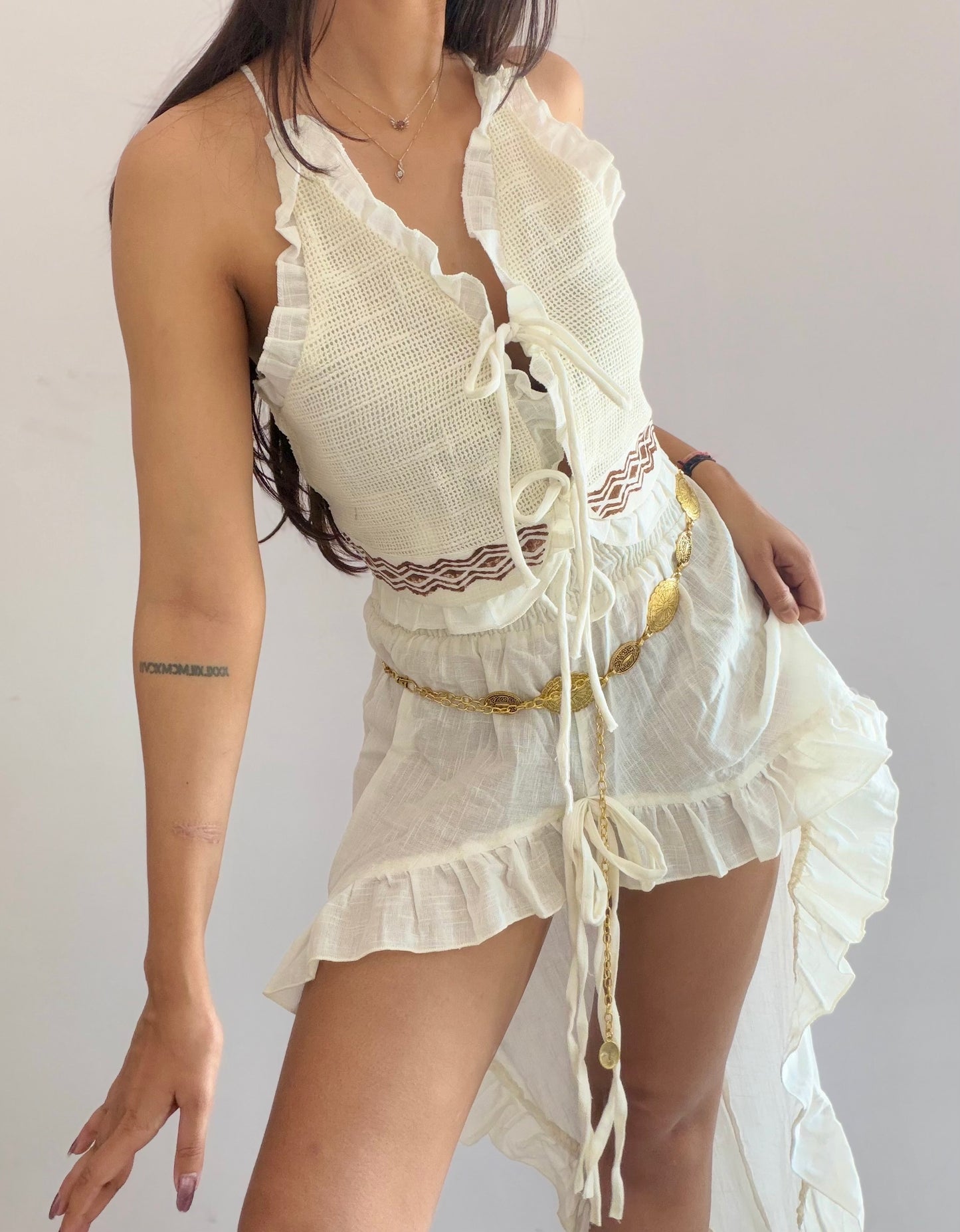 White Summer Hand Block Print Cotton Ruffle Tie Top and Asymmetric Skirt co-ord set