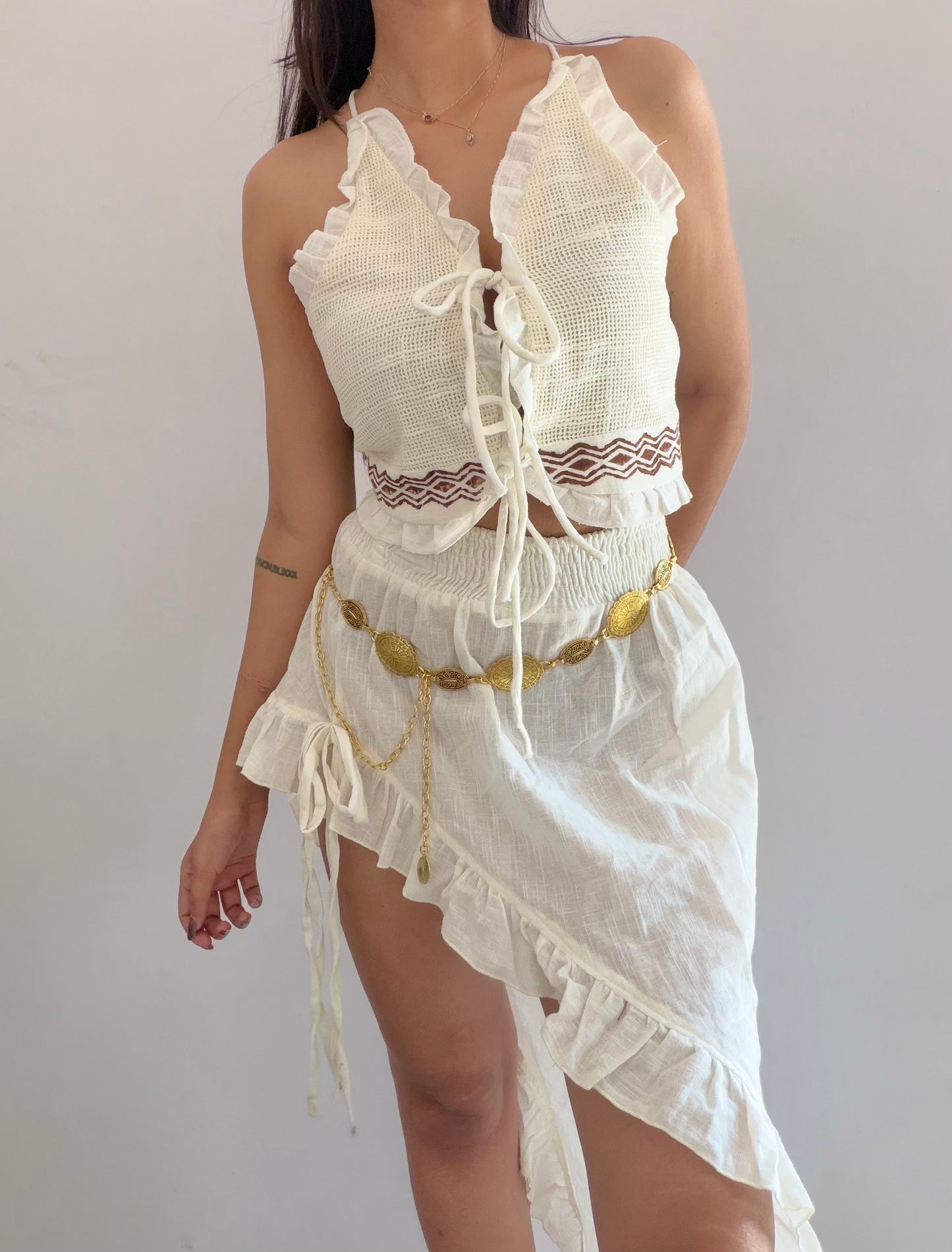 White Summer Hand Block Print Cotton Ruffle Tie Top and Asymmetric Skirt co-ord set
