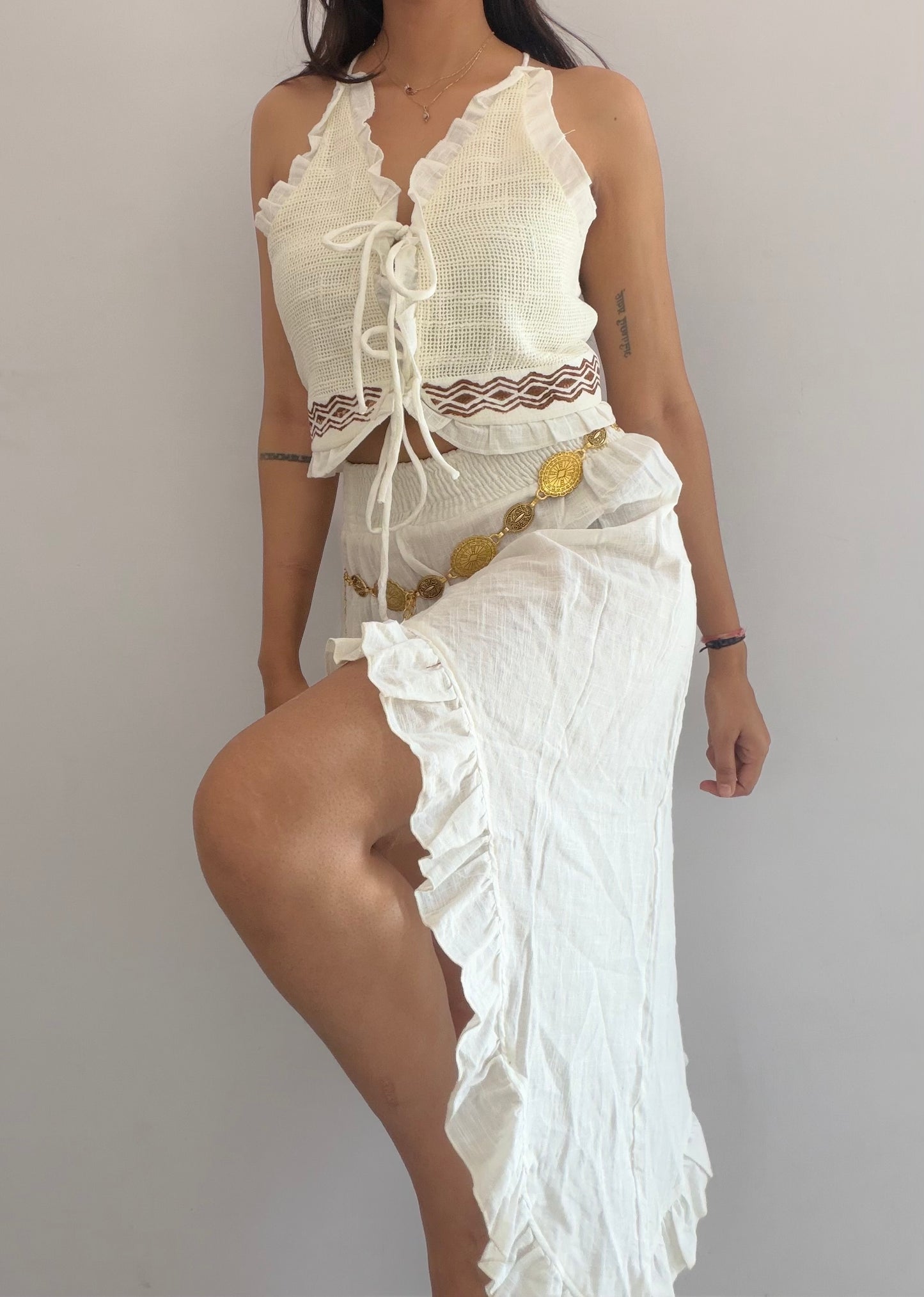 White Summer Hand Block Print Cotton Ruffle Tie Top and Asymmetric Skirt co-ord set