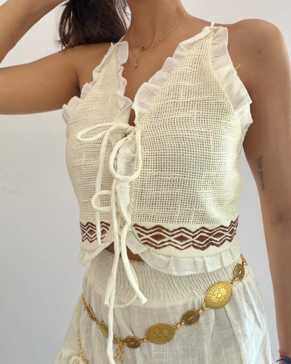 White Summer Cotton Ruffle Tie Top