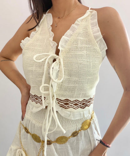 White Summer Cotton Ruffle Tie Top