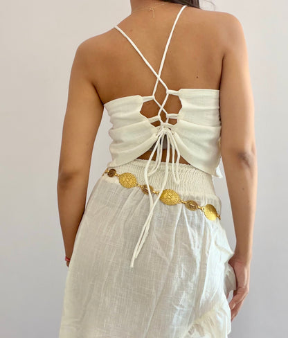 White Summer Hand Block Print Cotton Ruffle Tie Top and Asymmetric Skirt co-ord set