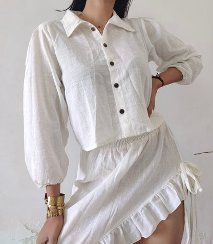 White linen puff sleeve shirt