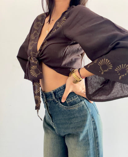 Deep walnut brown jute cotton wrap top 3