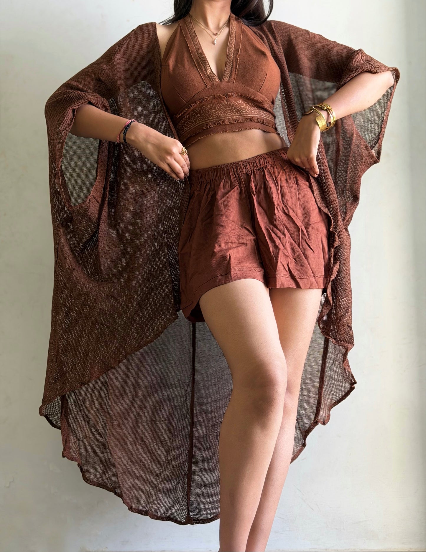 Terra Muse 3-Piece Co-Ord Set – Halter Top, Crinkled Shorts & Flow Kimono- brown colour