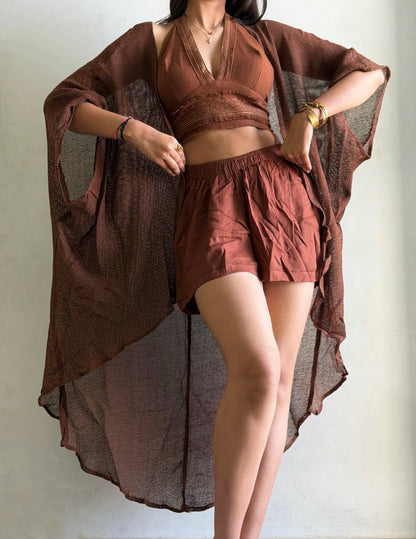 Terra Muse 3-Piece Co-Ord Set – Halter Top, Crinkled Shorts & Flow Kimono- brown colour