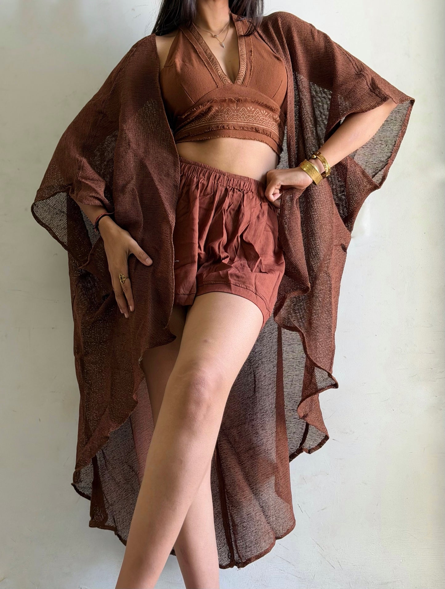Terra Muse 3-Piece Co-Ord Set – Halter Top, Crinkled Shorts & Flow Kimono- brown colour
