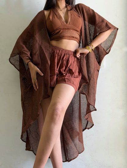 Terra Muse 3-Piece Co-Ord Set – Halter Top, Crinkled Shorts & Flow Kimono- brown colour