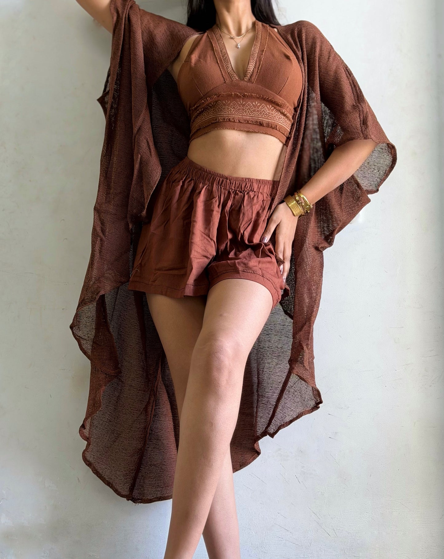 Terra Muse 3-Piece Co-Ord Set – Halter Top, Crinkled Shorts & Flow Kimono- brown colour