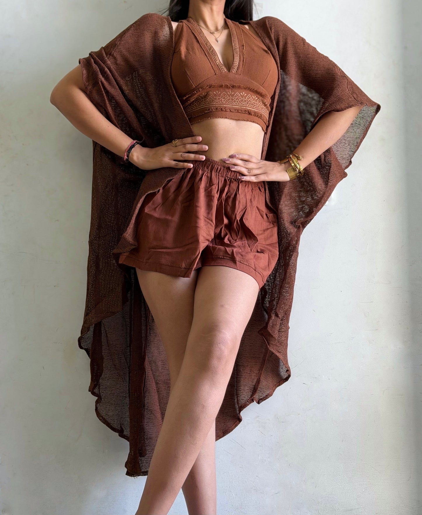 Terra Muse 3-Piece Co-Ord Set – Halter Top, Crinkled Shorts & Flow Kimono- brown colour