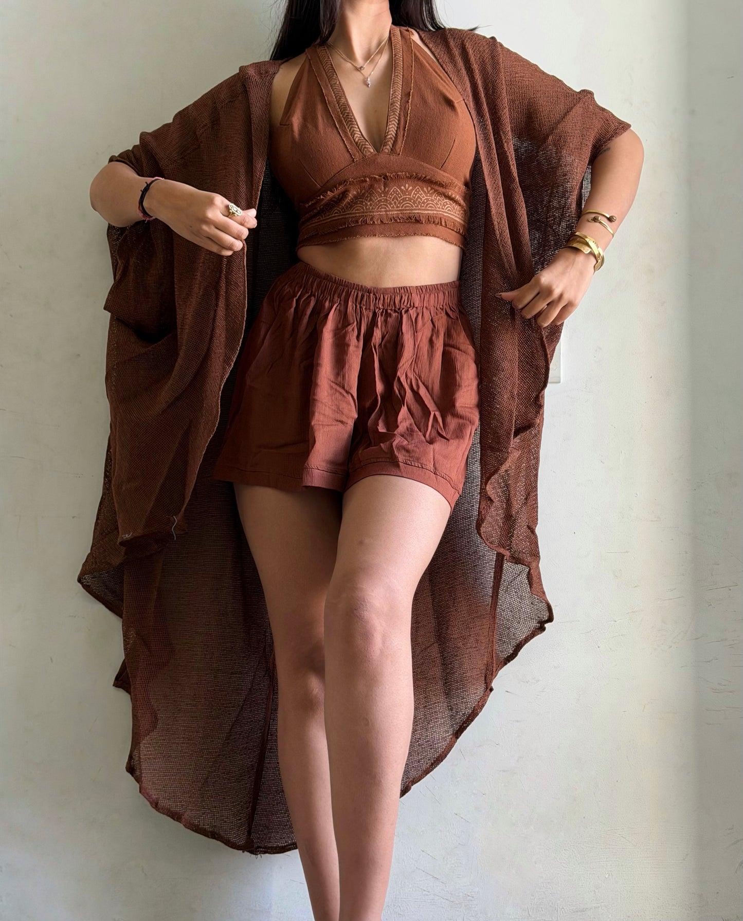 Terra Muse 3-Piece Co-Ord Set – Halter Top, Crinkled Shorts & Flow Kimono- brown colour