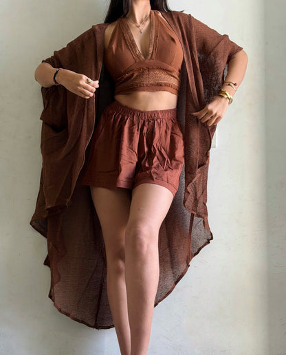Terra Muse 3-Piece Co-Ord Set – Halter Top, Crinkled Shorts & Flow Kimono- brown colour
