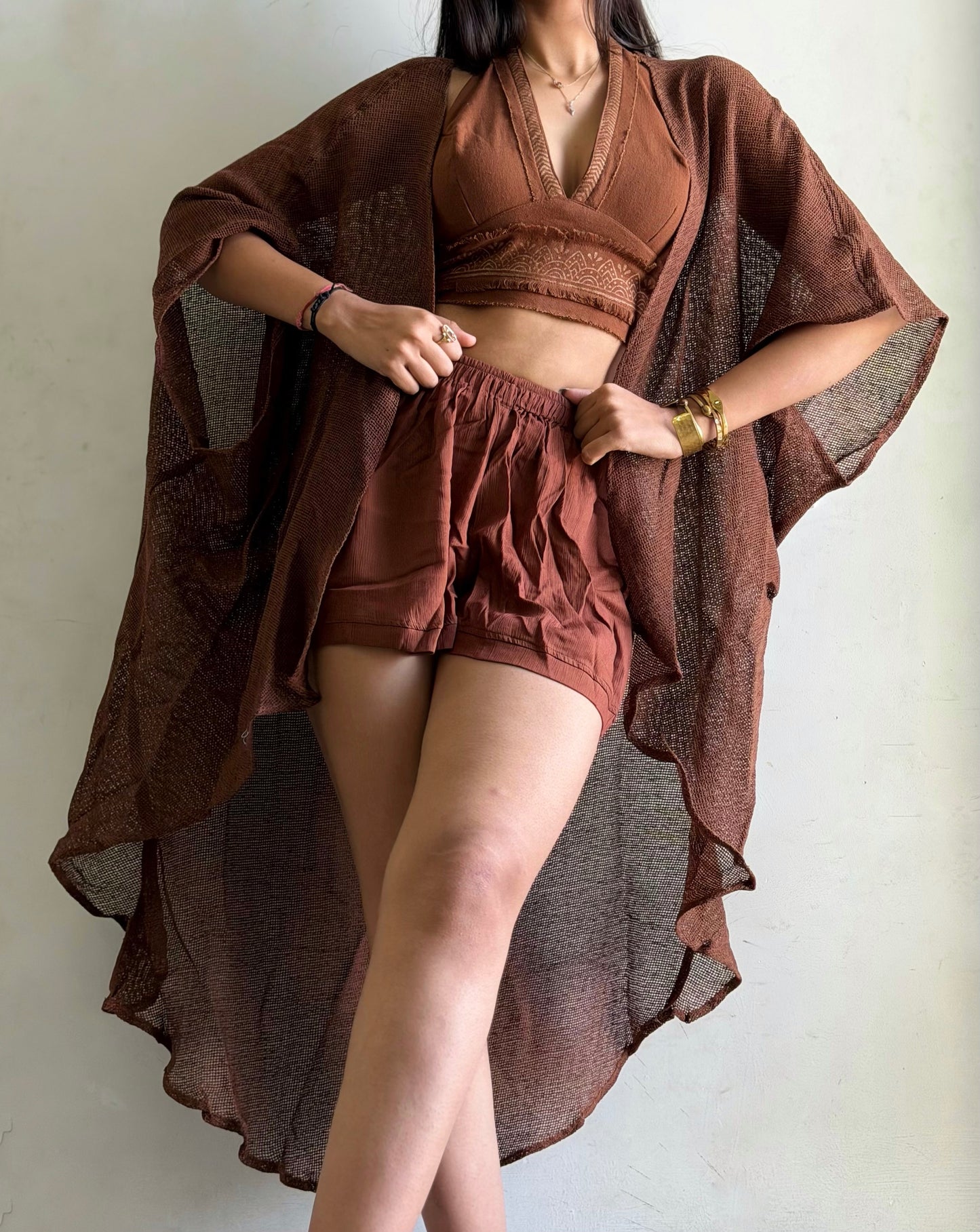 Terra Muse 3-Piece Co-Ord Set – Halter Top, Crinkled Shorts & Flow Kimono- brown colour