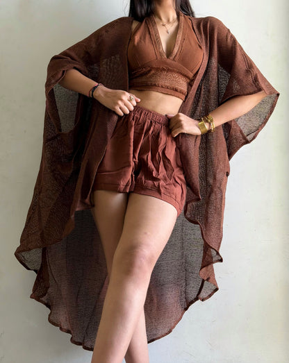Terra Muse 3-Piece Co-Ord Set – Halter Top, Crinkled Shorts & Flow Kimono- brown colour