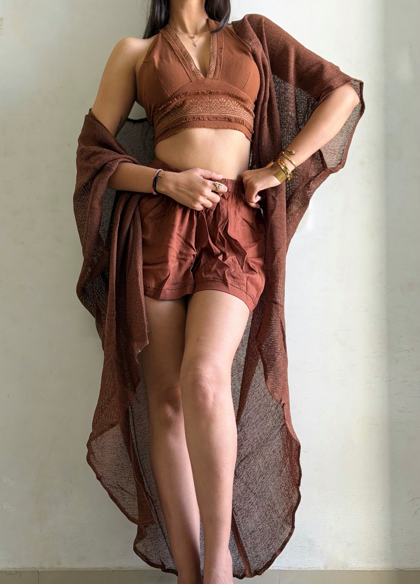 Terra Muse 3-Piece Co-Ord Set – Halter Top, Crinkled Shorts & Flow Kimono- brown colour