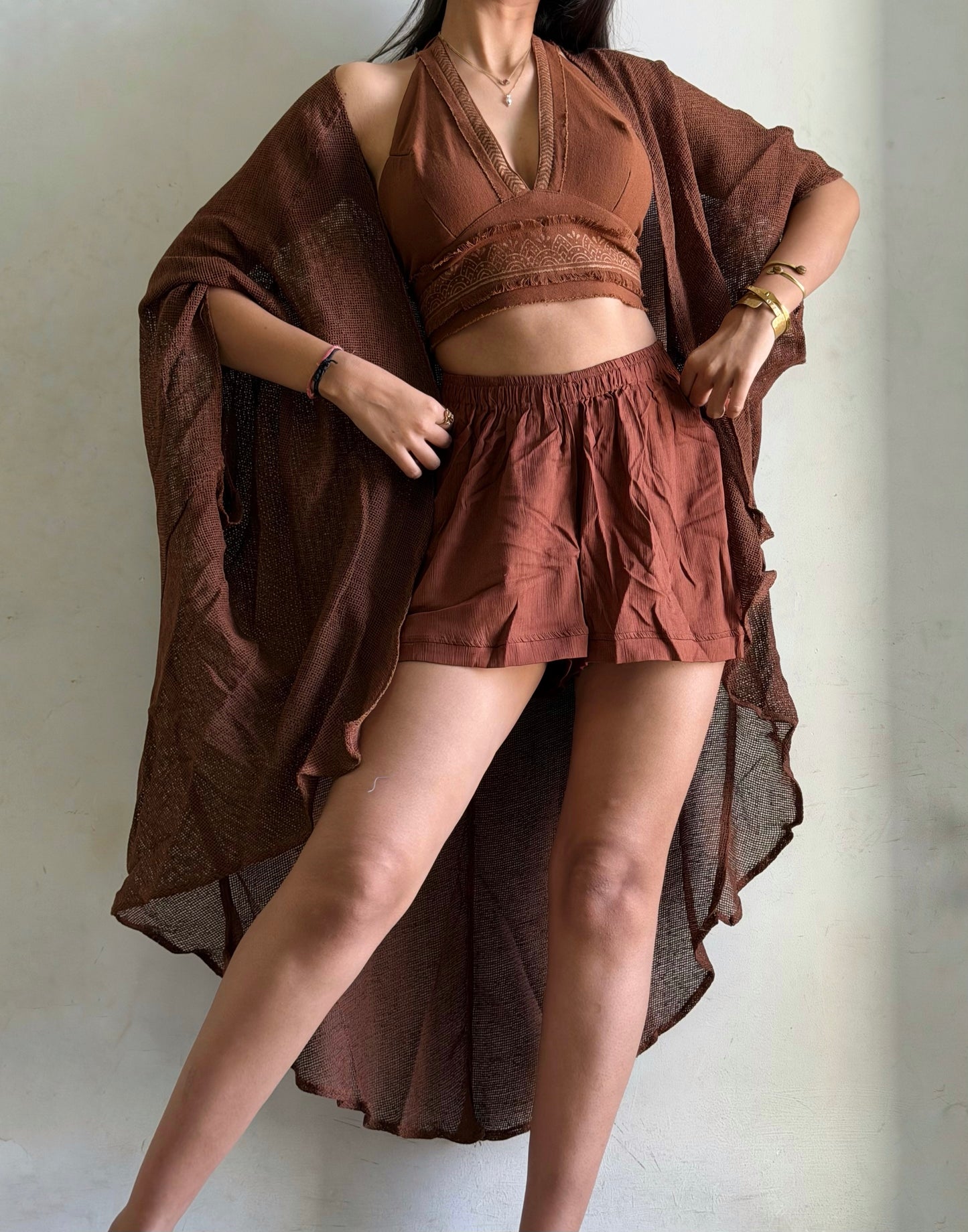 Terra Muse 3-Piece Co-Ord Set – Halter Top, Crinkled Shorts & Flow Kimono- brown colour