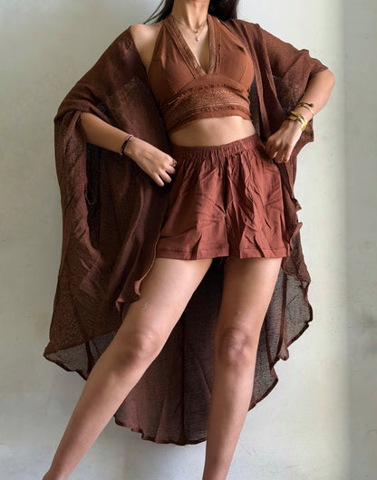 Terra Muse 3-Piece Co-Ord Set – Halter Top, Crinkled Shorts & Flow Kimono- brown colour