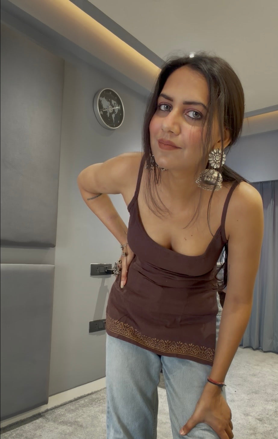 Brown Organic Cotton Beige Corset Back Kurti- Sleeveless