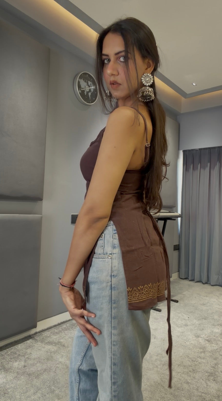 Brown Organic Cotton Beige Corset Back Kurti- Sleeveless