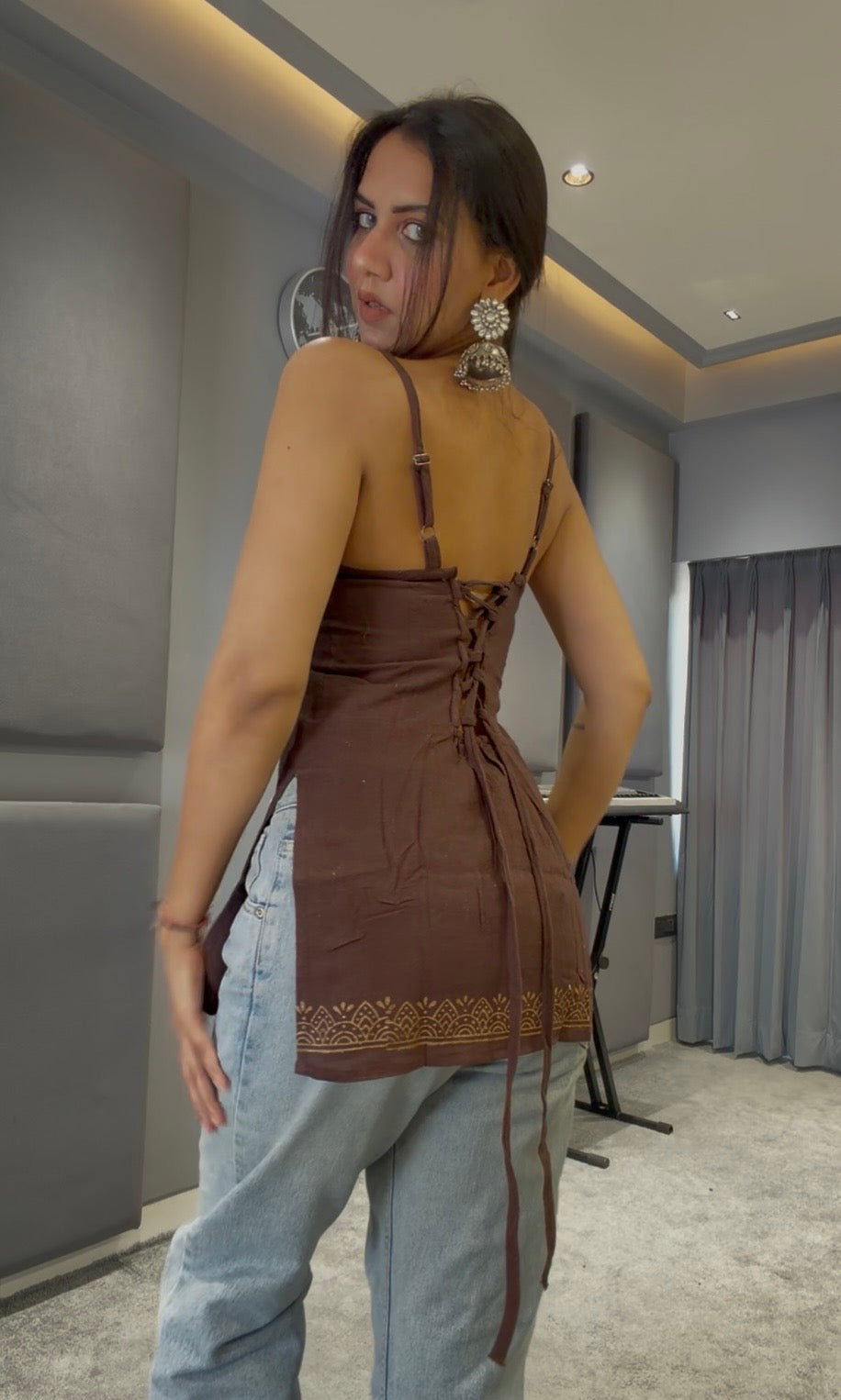 Brown Organic Cotton Beige Corset Back Kurti- Sleeveless