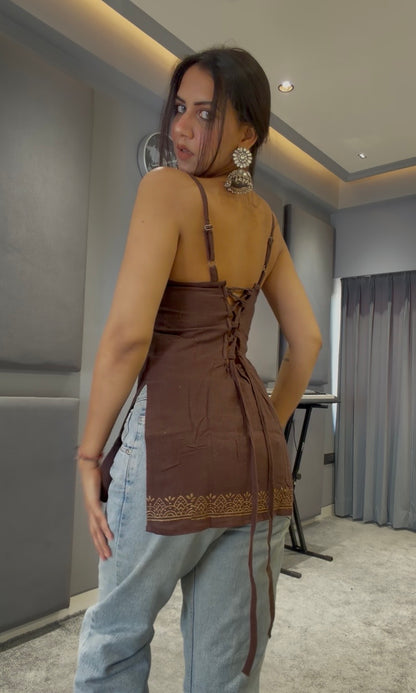 Brown Organic Cotton Beige Corset Back Kurti- Sleeveless