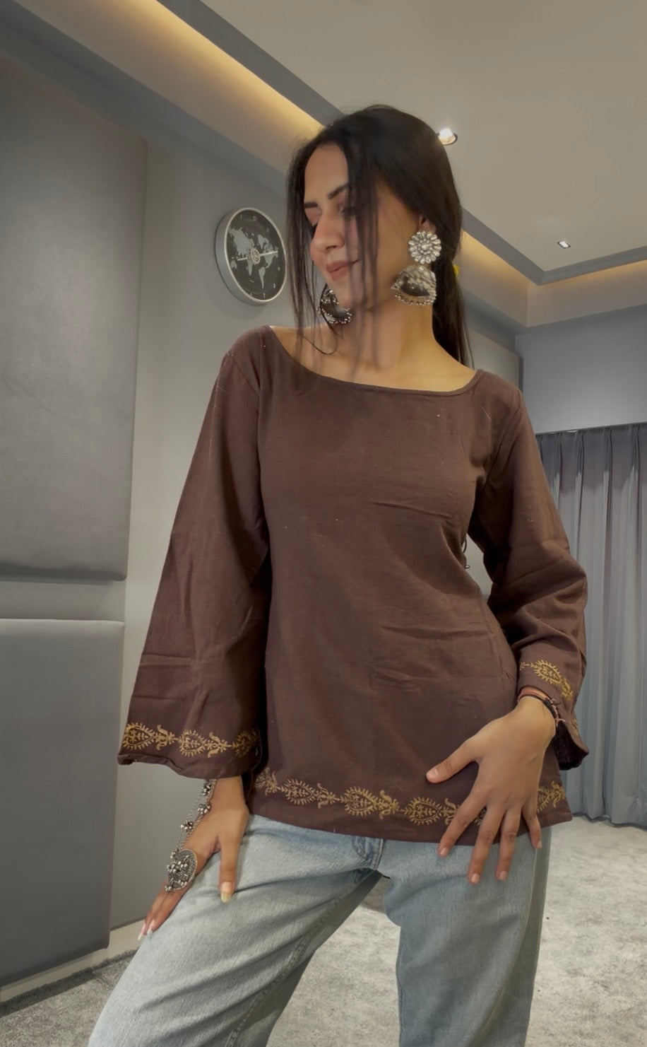 Brown Organic Cotton Corset Back Kurti- fullsleeves