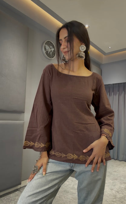 Brown Organic Cotton Corset Back Kurti- fullsleeves