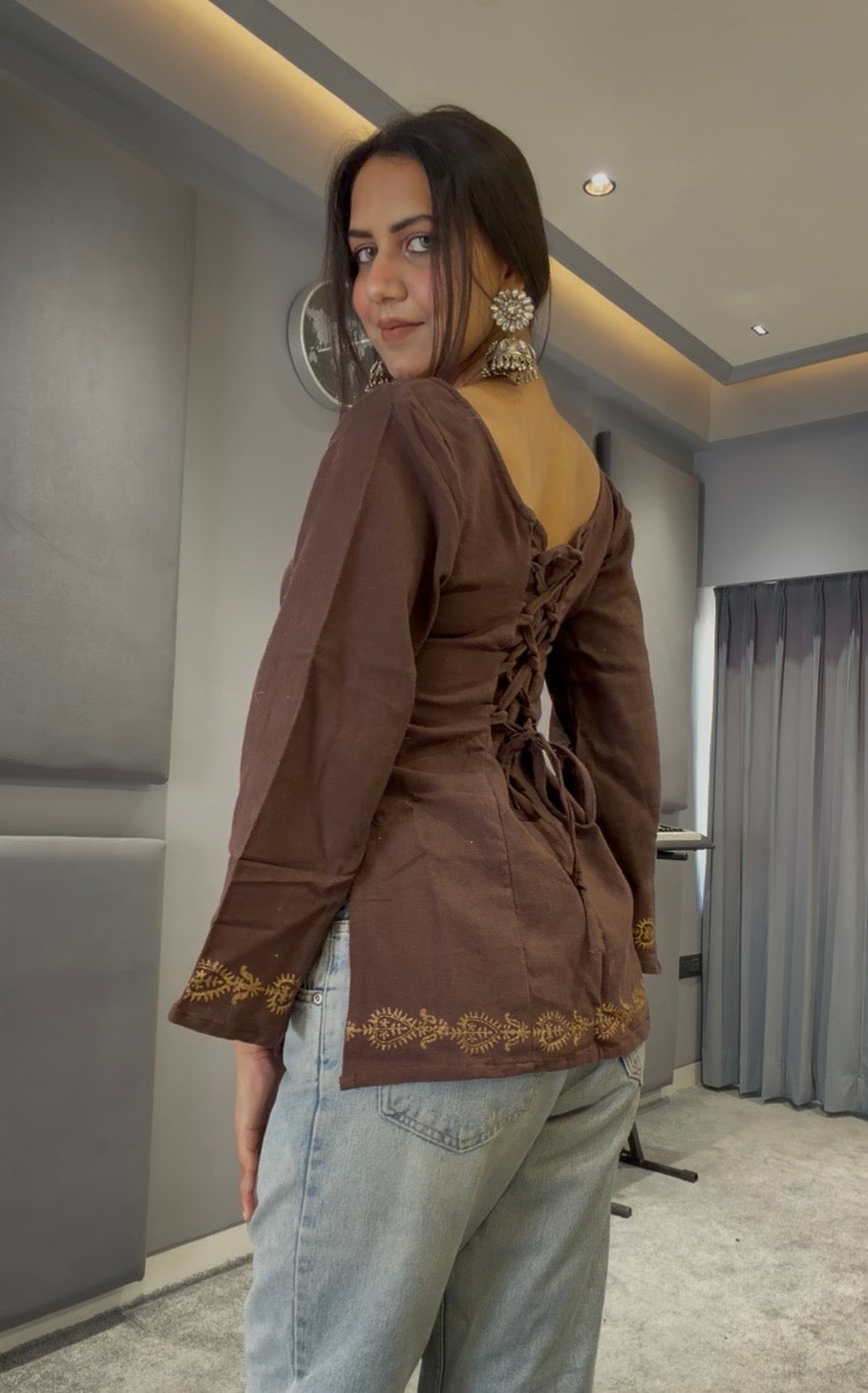 Brown Organic Cotton Corset Back Kurti- fullsleeves