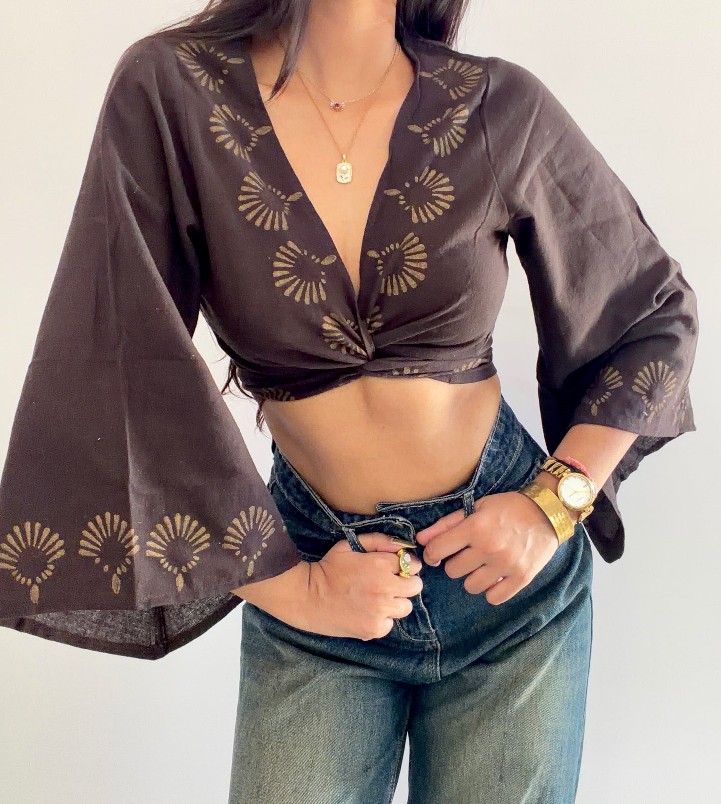 Deep walnut brown jute cotton wrap top 3
