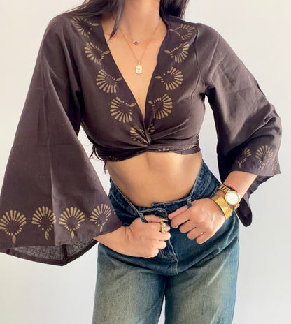 Deep walnut brown jute cotton wrap top 3