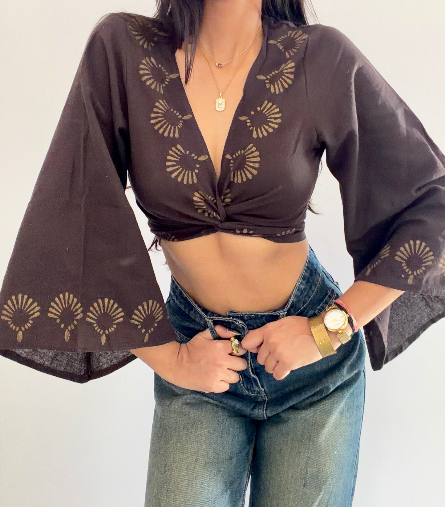 Deep walnut brown jute cotton wrap top 3